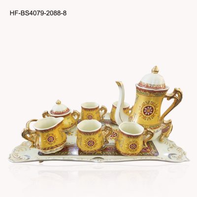 Bộ trà, ấm chén sứ cao cấp hấp vàng 24k (8 món) HF-BS4079-2088-8