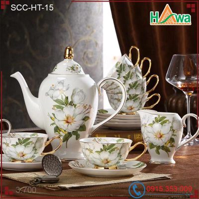 Bộ trà ấm chén sứ cao cấp hấp vàng 24K- Hoa Trà HT - 15
